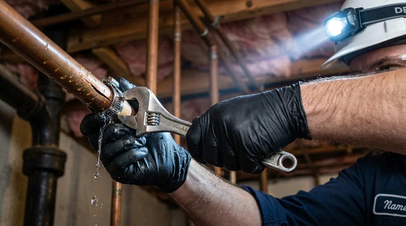 Emergency pipe clamp repair being performed by a Johns Plumbing LLC plumber in Eden