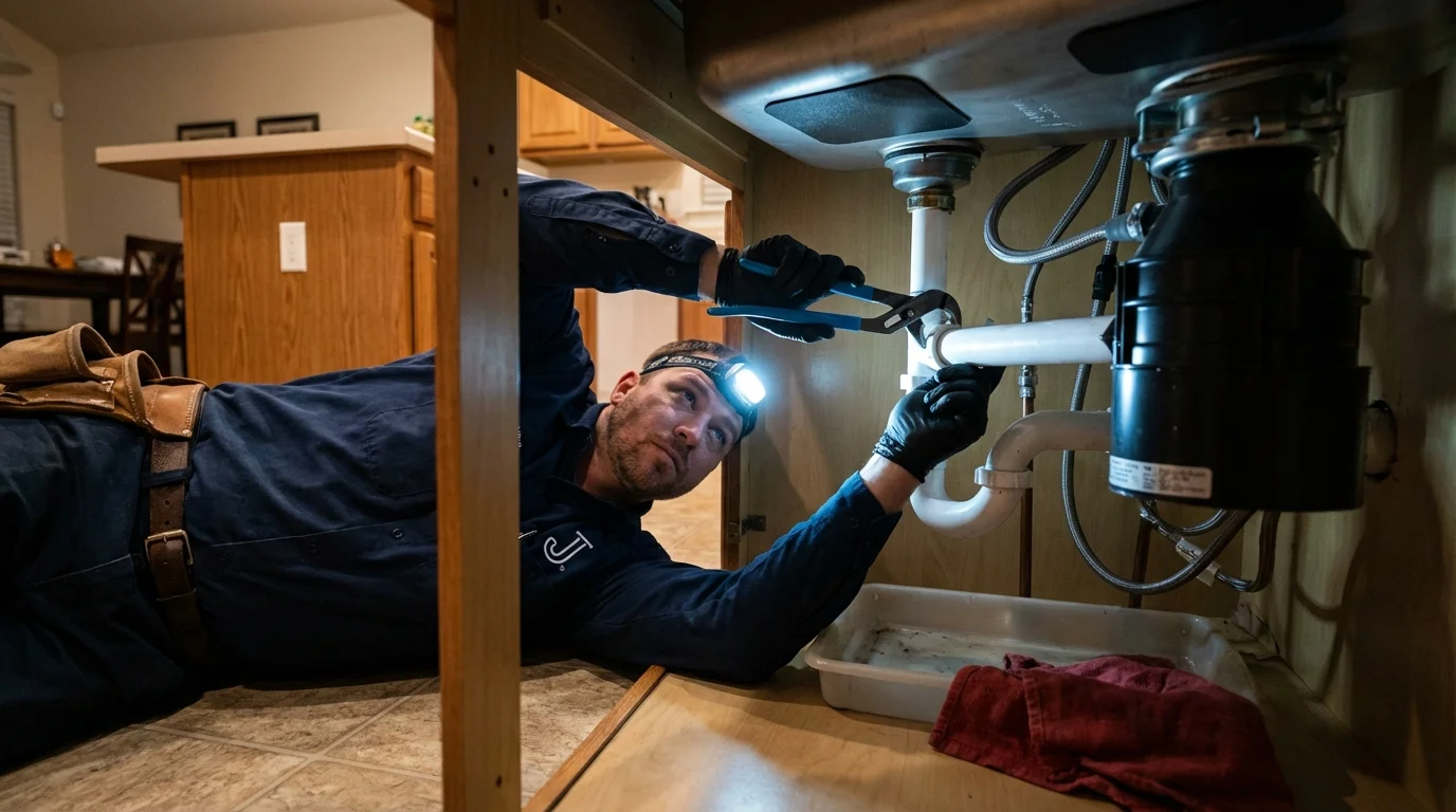 P-trap and supply line connections under a kitchen sink showing a common leak point in Eden, TX